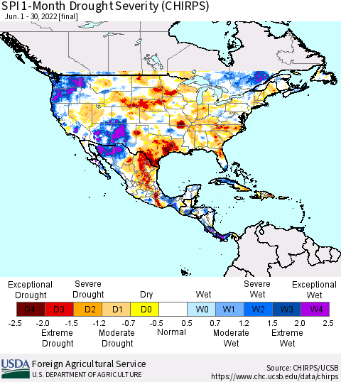 North America SPI 1-Month Drought Severity (CHIRPS) Thematic Map For 6/1/2022 - 6/30/2022