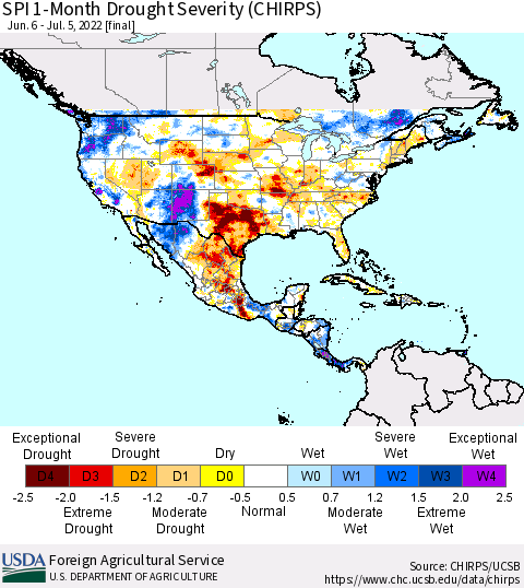 North America SPI 1-Month Drought Severity (CHIRPS) Thematic Map For 6/6/2022 - 7/5/2022