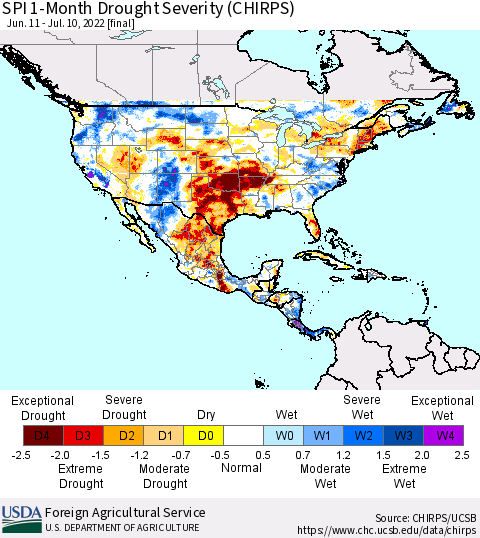 North America SPI 1-Month Drought Severity (CHIRPS) Thematic Map For 6/11/2022 - 7/10/2022