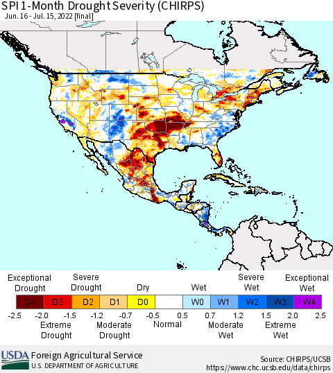 North America SPI 1-Month Drought Severity (CHIRPS) Thematic Map For 6/16/2022 - 7/15/2022