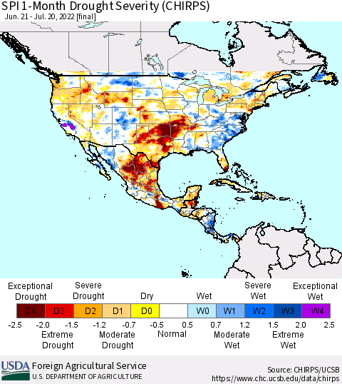 North America SPI 1-Month Drought Severity (CHIRPS) Thematic Map For 6/21/2022 - 7/20/2022