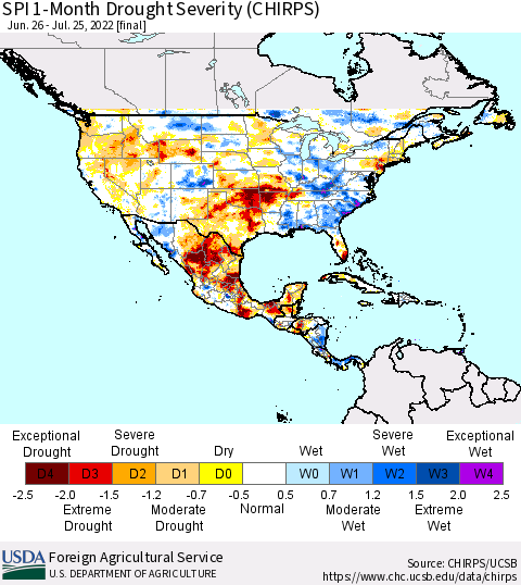 North America SPI 1-Month Drought Severity (CHIRPS) Thematic Map For 6/26/2022 - 7/25/2022