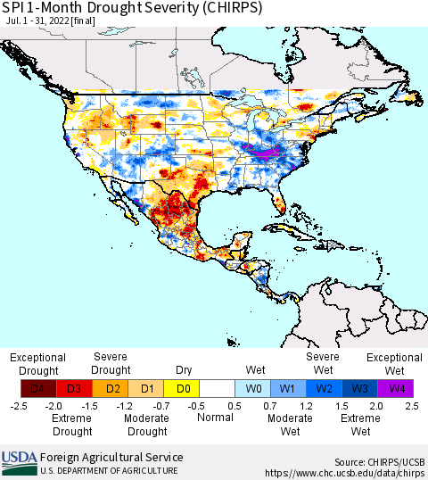 North America SPI 1-Month Drought Severity (CHIRPS) Thematic Map For 7/1/2022 - 7/31/2022