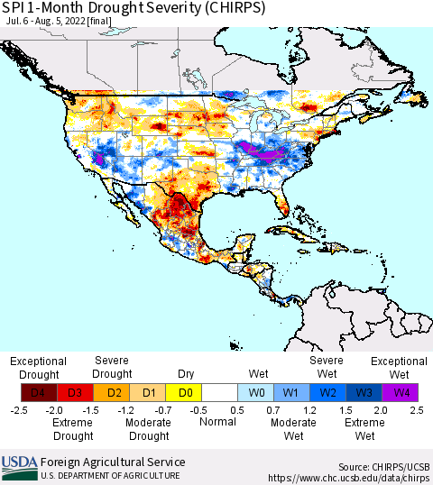 North America SPI 1-Month Drought Severity (CHIRPS) Thematic Map For 7/6/2022 - 8/5/2022