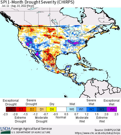 North America SPI 1-Month Drought Severity (CHIRPS) Thematic Map For 7/11/2022 - 8/10/2022