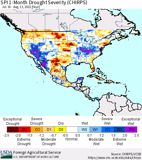 North America SPI 1-Month Drought Severity (CHIRPS) Thematic Map For 7/16/2022 - 8/15/2022