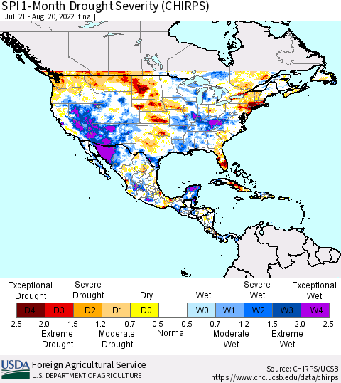 North America SPI 1-Month Drought Severity (CHIRPS) Thematic Map For 7/21/2022 - 8/20/2022