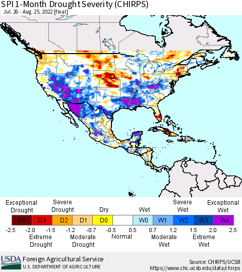 North America SPI 1-Month Drought Severity (CHIRPS) Thematic Map For 7/26/2022 - 8/25/2022
