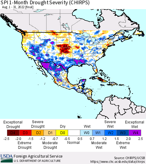 North America SPI 1-Month Drought Severity (CHIRPS) Thematic Map For 8/1/2022 - 8/31/2022