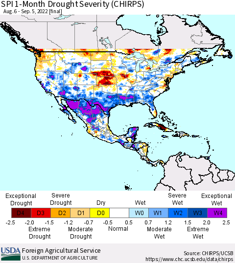 North America SPI 1-Month Drought Severity (CHIRPS) Thematic Map For 8/6/2022 - 9/5/2022
