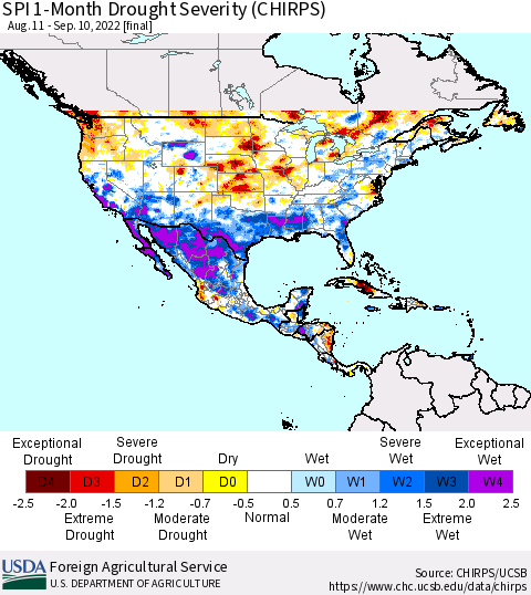 North America SPI 1-Month Drought Severity (CHIRPS) Thematic Map For 8/11/2022 - 9/10/2022