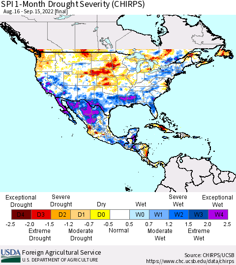 North America SPI 1-Month Drought Severity (CHIRPS) Thematic Map For 8/16/2022 - 9/15/2022