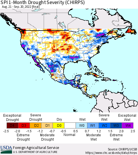 North America SPI 1-Month Drought Severity (CHIRPS) Thematic Map For 8/21/2022 - 9/20/2022