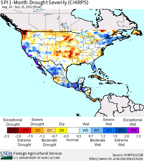 North America SPI 1-Month Drought Severity (CHIRPS) Thematic Map For 8/26/2022 - 9/25/2022