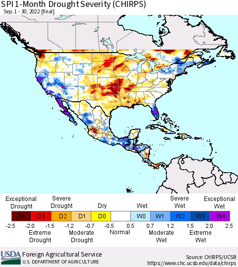 North America SPI 1-Month Drought Severity (CHIRPS) Thematic Map For 9/1/2022 - 9/30/2022