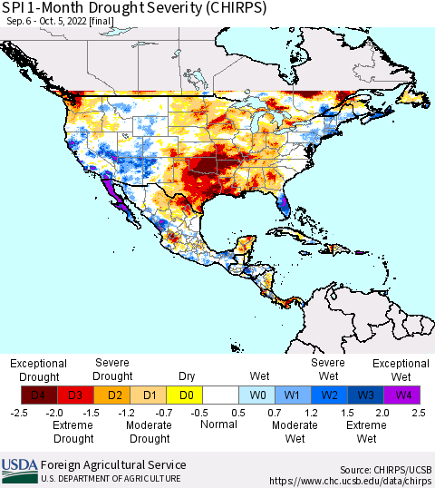 North America SPI 1-Month Drought Severity (CHIRPS) Thematic Map For 9/6/2022 - 10/5/2022