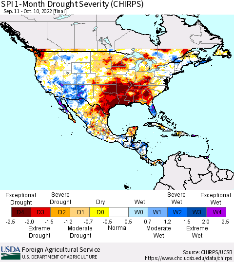 North America SPI 1-Month Drought Severity (CHIRPS) Thematic Map For 9/11/2022 - 10/10/2022