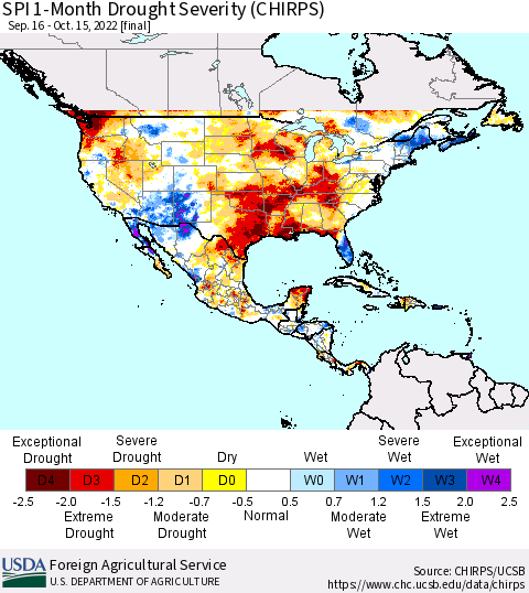 North America SPI 1-Month Drought Severity (CHIRPS) Thematic Map For 9/16/2022 - 10/15/2022