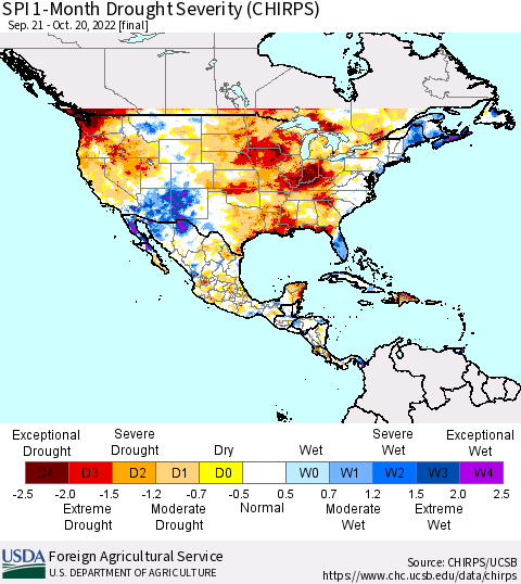 North America SPI 1-Month Drought Severity (CHIRPS) Thematic Map For 9/21/2022 - 10/20/2022