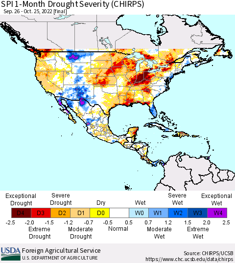 North America SPI 1-Month Drought Severity (CHIRPS) Thematic Map For 9/26/2022 - 10/25/2022