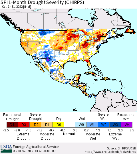 North America SPI 1-Month Drought Severity (CHIRPS) Thematic Map For 10/1/2022 - 10/31/2022