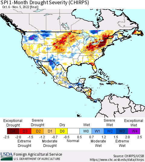 North America SPI 1-Month Drought Severity (CHIRPS) Thematic Map For 10/6/2022 - 11/5/2022