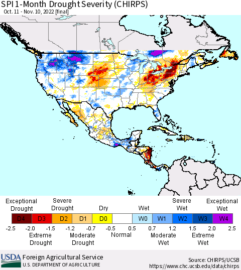 North America SPI 1-Month Drought Severity (CHIRPS) Thematic Map For 10/11/2022 - 11/10/2022