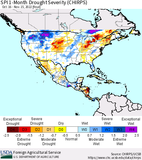 North America SPI 1-Month Drought Severity (CHIRPS) Thematic Map For 10/16/2022 - 11/15/2022