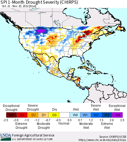 North America SPI 1-Month Drought Severity (CHIRPS) Thematic Map For 10/21/2022 - 11/20/2022