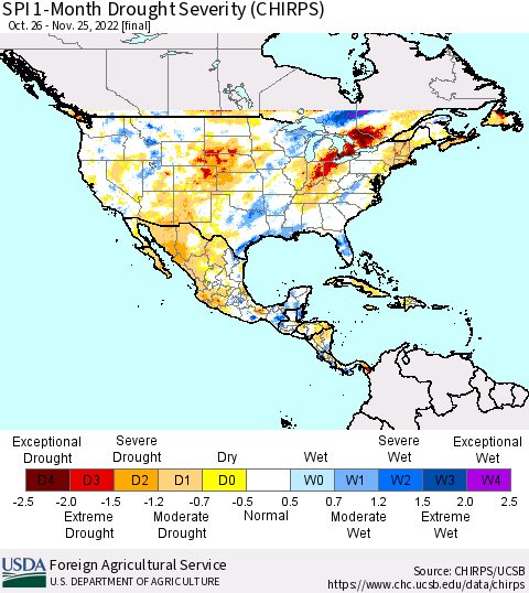 North America SPI 1-Month Drought Severity (CHIRPS) Thematic Map For 10/26/2022 - 11/25/2022