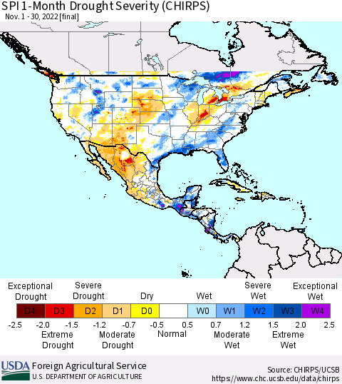 North America SPI 1-Month Drought Severity (CHIRPS) Thematic Map For 11/1/2022 - 11/30/2022