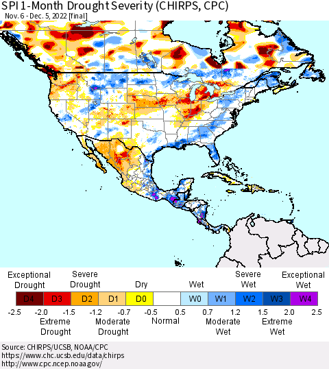 North America SPI 1-Month Drought Severity (CHIRPS) Thematic Map For 11/6/2022 - 12/5/2022