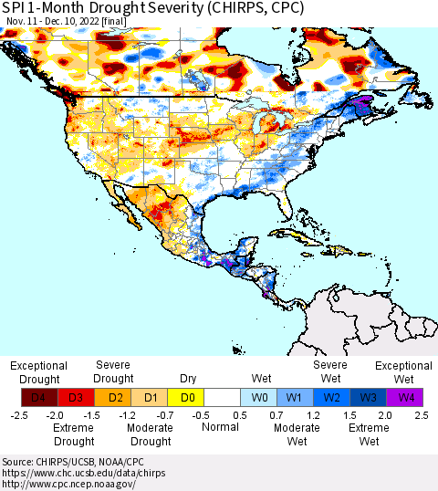 North America SPI 1-Month Drought Severity (CHIRPS) Thematic Map For 11/11/2022 - 12/10/2022