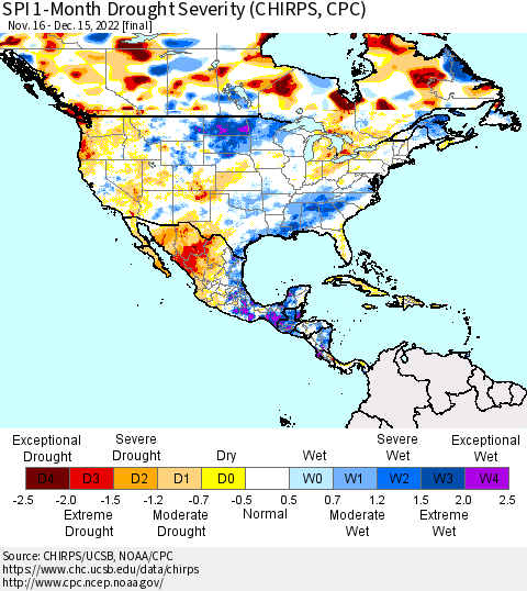 North America SPI 1-Month Drought Severity (CHIRPS) Thematic Map For 11/16/2022 - 12/15/2022