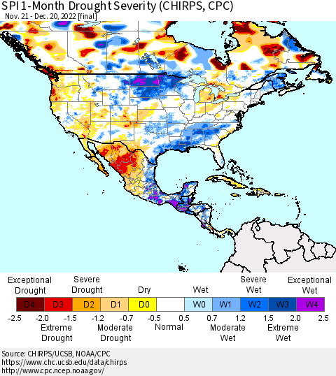 North America SPI 1-Month Drought Severity (CHIRPS) Thematic Map For 11/21/2022 - 12/20/2022
