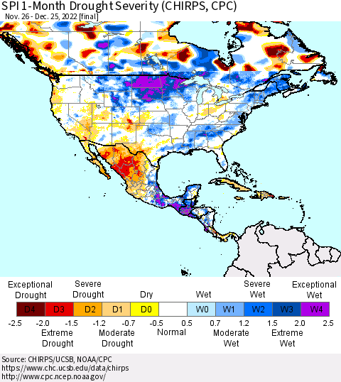 North America SPI 1-Month Drought Severity (CHIRPS) Thematic Map For 11/26/2022 - 12/25/2022