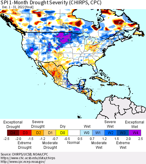 North America SPI 1-Month Drought Severity (CHIRPS) Thematic Map For 12/1/2022 - 12/31/2022
