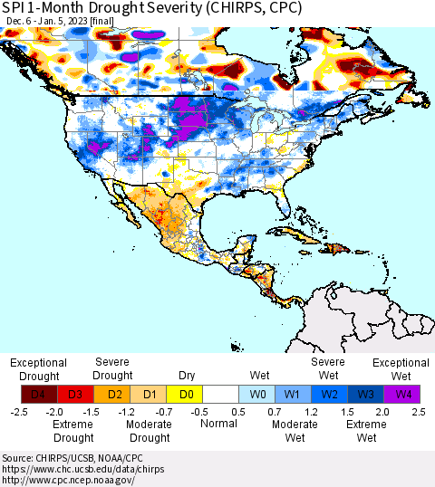 North America SPI 1-Month Drought Severity (CHIRPS) Thematic Map For 12/6/2022 - 1/5/2023