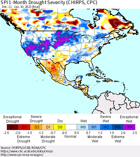 North America SPI 1-Month Drought Severity (CHIRPS) Thematic Map For 12/11/2022 - 1/10/2023