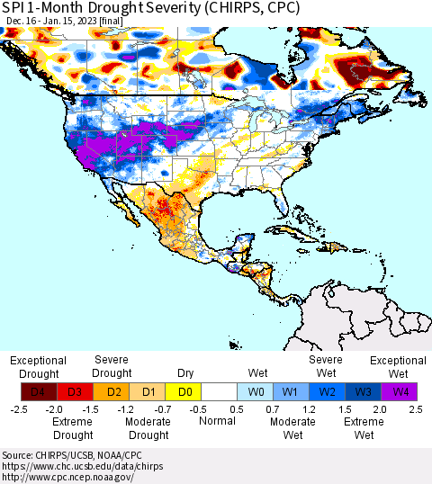 North America SPI 1-Month Drought Severity (CHIRPS) Thematic Map For 12/16/2022 - 1/15/2023