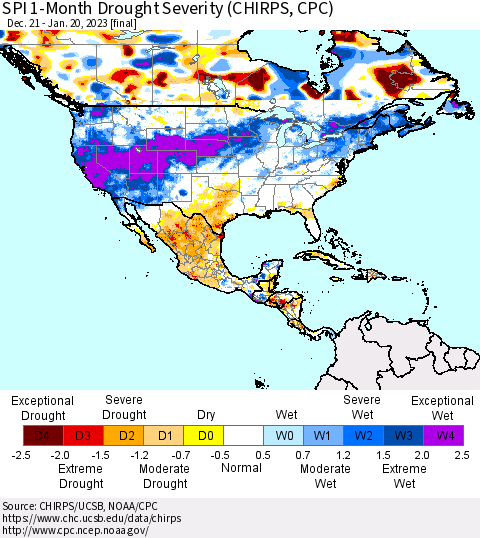 North America SPI 1-Month Drought Severity (CHIRPS) Thematic Map For 12/21/2022 - 1/20/2023