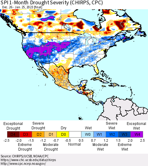 North America SPI 1-Month Drought Severity (CHIRPS) Thematic Map For 12/26/2022 - 1/25/2023