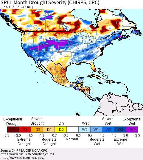 North America SPI 1-Month Drought Severity (CHIRPS) Thematic Map For 1/1/2023 - 1/31/2023