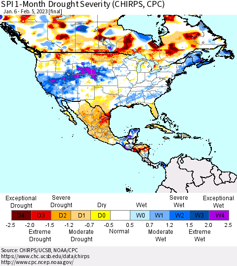 North America SPI 1-Month Drought Severity (CHIRPS) Thematic Map For 1/6/2023 - 2/5/2023