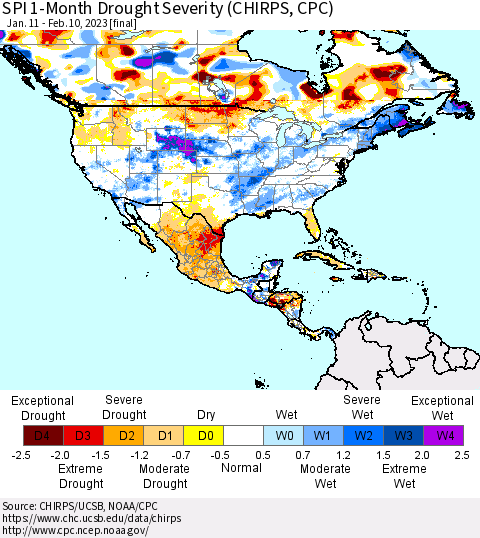 North America SPI 1-Month Drought Severity (CHIRPS) Thematic Map For 1/11/2023 - 2/10/2023