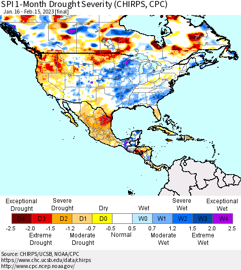 North America SPI 1-Month Drought Severity (CHIRPS) Thematic Map For 1/16/2023 - 2/15/2023