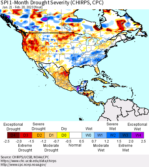 North America SPI 1-Month Drought Severity (CHIRPS) Thematic Map For 1/21/2023 - 2/20/2023