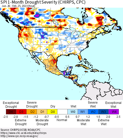 North America SPI 1-Month Drought Severity (CHIRPS) Thematic Map For 1/26/2023 - 2/25/2023