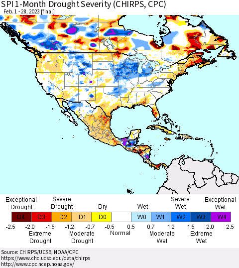 North America SPI 1-Month Drought Severity (CHIRPS) Thematic Map For 2/1/2023 - 2/28/2023