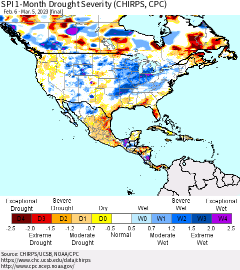 North America SPI 1-Month Drought Severity (CHIRPS) Thematic Map For 2/6/2023 - 3/5/2023